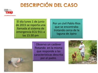 El día lunes 1 de junio
de 2015 se reporta una
llamada al sistema de
emergencia ECU 911 a
las 15:30 pm
Por un civil Pablo Rios
que se encontraba
trotando cerca de la
laguna de Jipiro
Observo un cadáver
flotando en la misma
que responde a las
características descrita
por el padre.
 
