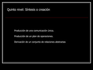Quinto nivel:  Síntesis  o creación Producción de una comunicación única. Producción de un plan de operaciones. Derivación de un conjunto de relaciones abstractas   