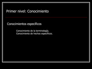 Primer nivel:  Conocimiento Conocimientos específicos Conocimiento de la terminología. Conocimiento de hechos específicos . 