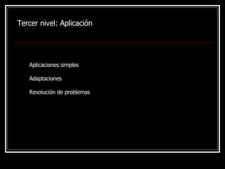 Tercer nivel:  Aplicación Aplicaciones simples Adaptaciones Resolución de problemas 