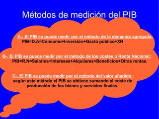 Métodos de medición del PIB A-. El PIB se puede medir por el método de la demanda agregada: PIB=D.A=Consumo+Inversiòn+Gasto público+XN B-. El PIB se puede medir por el método de los costes o Renta Nacional: PIB=R.N=Salarios+Intereses+Alquileres+Beneficios+Otras rentas. C-. El PIB se puede medir por el método del valor añadido: según este método el PIB se obtiene sumando el coste de producción de los bienes y servicios finales. 