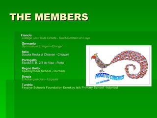 THE MEMBERS Francia   Collège  Les   Hauts   Grillets  -  Saint-Germain  en  Laye   Germania   Gymnasium   Ehingen  -  Ehingen   Italia  Scuola Media di Chiavari - Chiavari  Portogallo   Escola E. B. 2/3 do Viso - Porto  Regno Unito  Spennymoor   School  -  Durham   Svezia   Eriksbergsskolan  -  Uppsala   Turchia  Feyziye   Schools   Foundation   Erenkoy   Isik   Primary   School  - Istanbul   