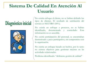 Sistema De Calidad En Atención Al Usuario No existía enfoque al cliente, no se habían definido los tipos de clientes. El resultado de satisfacción del servicio es NEUTRO (50%). No existía un enfoque a procesos, no se habían identificado, documentado y controlado: Esta información no es accesible. No existía participación del personal, se encontraban desmotivado y poco participativo, sin compromiso con la organización. No existía un enfoque basado en hechos, por lo tanto no existen objetivos para gestionar mejoras en las actividades relacionadas. Problema identificado: “deficiente gestión de calidad”  Diagnóstico inicial 