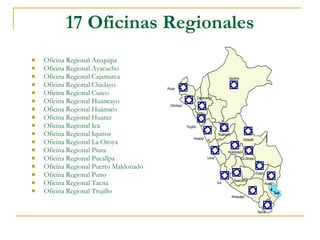 17 Oficinas Regionales Oficina Regional Arequipa Oficina Regional Ayacucho Oficina Regional Cajamarca Oficina Regional Chiclayo Oficina Regional Cusco Oficina Regional Huancayo Oficina Regional Huánuco Oficina Regional Huaraz Oficina Regional Ica Oficina Regional Iquitos Oficina Regional La Oroya Oficina Regional Piura Oficina Regional Pucallpa Oficina Regional Puerto Maldonado Oficina Regional Puno Oficina Regional Tacna Oficina Regional Trujillo 