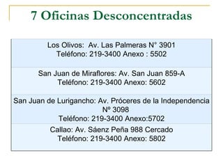 7 Oficinas Desconcentradas Callao: Av. Sáenz Peña 988 Cercado Teléfono: 219-3400 Anexo: 5802 San Juan de Lurigancho: Av. Próceres de la Independencia Nº 3098 Teléfono: 219-3400 Anexo:5702 San Juan de Miraflores: Av. San Juan 859-A Teléfono: 219-3400 Anexo: 5602 Los Olivos:  Av. Las Palmeras N° 3901 Teléfono: 219-3400 Anexo : 5502 
