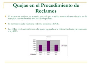 Quejas en el Procedimiento de Reclamos El recurso de queja es un remedio procesal que se utiliza cuando el concesionario no ha cumplido con observar la forma del debido proceso. Su tramitación debe efectuarse en forma inmediata a STOR. Las ORs a nivel nacional remiten las quejas ingresadas a la Oficina San Isidro para derivarlas a la JARU.. 