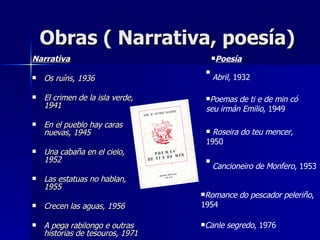 Obras ( Narrativa, poesía)  Narrativa Os ruíns, 1936 El crimen de la isla verde, 1941  En el pueblo hay caras nuevas, 1945  Una cabaña en el cielo, 1952  Las estatuas no hablan, 1955  Crecen las aguas, 1956 A pega rabilongo e outras historias de tesouros, 1971   Poesía Abril , 1932   Roseira do teu mencer ,  1950  Cancioneiro de Monfero , 1953   Romance do pescador peleriño , 1954 Canle segredo , 1976  Escolma de epigramas , 1968  Canle segredo , 1976  Poemas de ti e de min có seu irmán Emilio , 1949 