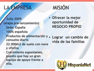 MISIÓN Ofrecer la mejor oportunidad de NEGOCIO PROPIO Lograr  un cambio de vida de las familias Julio 2009  (etapa pre-lanzamiento) Sede: España 100% española Productos de alimentación y consumo diario 22.000m2 de suelo con nave y oficina Crecimiento espontaneo, puesto que hay un gran equipo de apoyo frente a ella. 