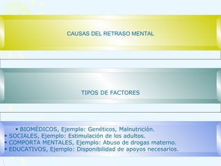 CAUSAS DEL RETRASO MENTAL TIPOS DE FACTORES BIOMÉDICOS, Ejemplo: Genéticos, Malnutrición. SOCIALES, Ejemplo: Estimulación de los adultos. COMPORTA MENTALES, Ejemplo: Abuso de drogas materno. EDUCATIVOS, Ejemplo: Disponibilidad de apoyos necesarios. 