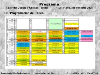 Programa  Taller del Cuerpo y Objetos Textiles  1°/2°/3° año, 3er trimestre 2008.   10.- Programación del Taller. Escuela de Diseño Industrial Universidad del Bio - Bio D.I. Izaúl Parra P.  -  Kaori Tsuji. 