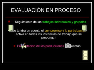 EVALUACIÓN EN PROCESO Seguimiento de los  trabajos individuales y grupales se tendrá en cuenta el  compromiso y la participación  activa en todas las instancias de trabajo que se propongan Presentación de las producciones  propuestas 