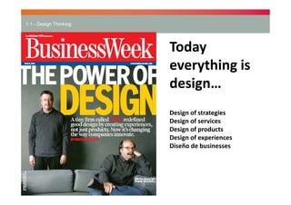 1.1.- Design Thinking

Today
everything is
design…
Design of strategies
Design of services
Design of products
Design of experiences
Diseño de businesses
iseño de Estrategia
Diseño de Servicio
Diseño d

 