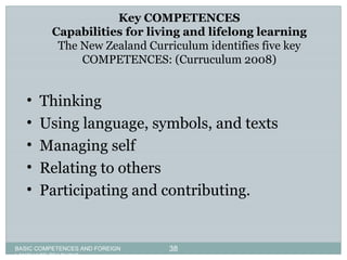 BASIC COMPETENCES AND FOREIGN LANGUAGE TEACHING Key COMPETENCES Capabilities for living and lifelong learning The New Zealand Curriculum identifies five key COMPETENCES: (Curruculum 2008) Thinking  Using language, symbols, and texts  Managing self  Relating to others  Participating and contributing.  