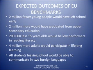 EXPECTED OUTCOMES OF EU BENCHMARKS  2 million fewer young people would have left school early 2 million more would have graduated from upper secondary education 200.000 less 15 years olds would be low performers in reading literacy 4 million more adults would participate in lifelong learning All students leaving school would be able to communicate in two foreign languages BASIC COMPETENCES AND FOREIGN LANGUAGE TEACHING 