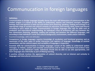 Communucation in foreign languages Definition: Communication in foreign languages broadly shares the main skill dimensions of communication in the mother tongue: it is based on the ability to understand, express and interpret concepts, thoughts, feelings, facts and opinions in both oral and written form (listening, speaking, reading and writing) in an appropriate range of societal and cultural contexts (in education and training, work, home and leisure) according to one's wants or needs. Communication in foreign languages also calls for skills such as mediation and intercultural understanding. An individual's level of proficiency will vary between the four dimensions (listening, speaking, reading and writing) and between the different languages, and according to that individual's social and cultural background, environment, needs and/or interests. Essential knowledge, skills and attitudes: Competence in foreign languages requires knowledge of vocabulary and functional grammar and an awareness of the main types of verbal interaction and registers of language. Knowledge of societal conventions, and the cultural aspect and variability of languages is important.  Essential skills for communication in foreign languages consist of the ability to understand spoken messages, to initiate, sustain and conclude conversations and to read, understand and produce texts appropriate to the individual's needs. Individuals should also be able to use aids appropriately, and learn languages also informally as part of lifelong learning.  A positive attitude involves the appreciation of cultural diversity, and an interest and curiosity in languages and intercultural communication.   BASIC COMPETENCES AND FOREIGN LANGUAGE TEACHING 