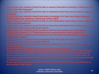 Do you think your students should be able to express themselves correctly in written and oral texts in their first language?  Do you think your students should be able to understand what they read and hear in their first language? Do you think your students should have basic knowledge of at least one foreign language, including listening, speaking, reading and writing skills? Do you think your students should be able to use mathematical reasoning in order to deal with  basic, real life situations?  Do you think your students should be able to know and understand events occurrng around them in their natural and social environment?  Do you think your students should be able to look for, find, process and communicate information by means of  ICT (informations and communications technology) skills? Do you think your students should be able to live and interact respectfully and tolerantly in a multicultural society?  Do you think your students should know about their civil rights and duties in order to participate as active and responsible citizens?  Do you think your students should know about, value and respect their social, cultural  and artistic heritage?  Do you think your students should know about other world cultures? Do you think your students should know about and understand their own learning process in order to improve it, develop learner autonomy, and lay the foundation for life long learning?  Do you think your students should be responsible, organised, emotionally stable, aware of their virtues and weaknesses and prepared to overcome difficulties and weaknesses and make an effort to learn?  Do you think your students should be able to understand and control their own emotions as well as those of their peers?  BASIC COMPETENCES AND FOREIGN LANGUAGE TEACHING 