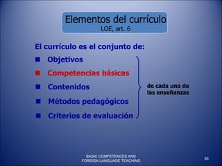 Elementos del currículo LOE, art. 6    Objetivos    Competencias básicas    Contenidos    Métodos pedagógicos    Criterios de evaluación El currículo es el conjunto de: de cada una de las enseñanzas BASIC COMPETENCES AND FOREIGN LANGUAGE TEACHING 