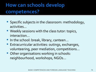Specific subjects in the classroom: methodology, activities… Weekly sessions with the class tutor: topics, interaction… In the school: break, library, canteen… Extracurricular activities: outings, exchanges, volunteering, peer mediation, competitions… Other organisations working in schools: neighbourhood, workshops, NGOs… BASIC COMPETENCES AND FOREIGN LANGUAGE TEACHING 
