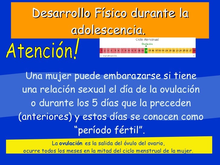 Desarrollo Físico durante la adolescencia.   <ul><li>Una mujer puede embarazarse si tiene una relación sexual el día de la...