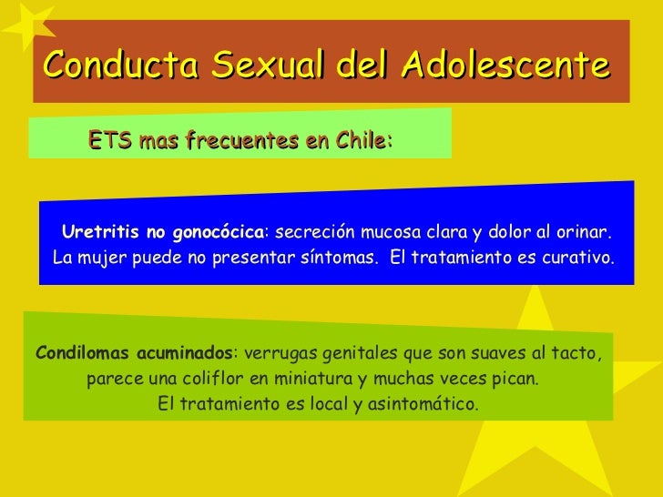 Conducta Sexual del Adolescente  ETS mas frecuentes en Chile: Uretritis no gonocócica : secreción mucosa clara y dolor al ...