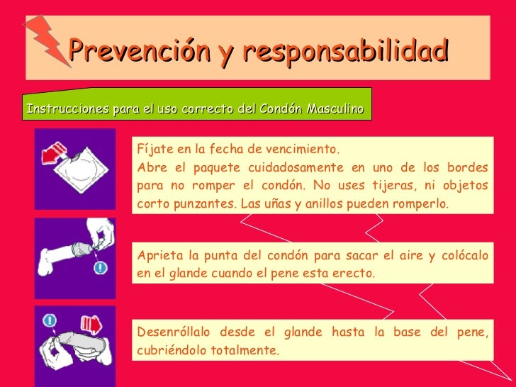 Prevención y responsabilidad Instrucciones para el uso correcto del Condón Masculino  Fíjate en la fecha de vencimiento. A...