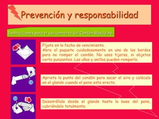 Prevención y responsabilidad
Instrucciones para el uso correcto del Condón Masculino
Fíjate en la fecha de vencimiento.
Abre el paquete cuidadosamente en uno de los bordes
para no romper el condón. No uses tijeras, ni objetos
corto punzantes. Las uñas y anillos pueden romperlo.
Aprieta la punta del condón para sacar el aire y colócalo
en el glande cuando el pene esta erecto.
Desenróllalo desde el glande hasta la base del pene,
cubriéndolo totalmente.
 