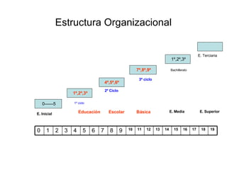 Estructura Organizacional 0------5 1º,2º,3º 4º,5º,6º 7º,8º,9º 1º,2º,3º E. Inicial   Educación  Escolar  Básica 1º ciclo 2º Ciclo 3º ciclo Bachillerato  E. Terciaria E. Media E. Superior 19 18 17 16 15 14 13 12 11 10 9 8 7 6 5 4 3 2 1 0 