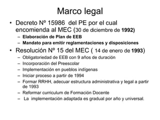 Marco legal Decreto Nº 15986  del PE por el cual encomienda al MEC ( 30 de diciembre de  1992) Elaboración de Plan de EEB Mandato para emitir reglamentaciones y disposiciones Resolución Nº 15 del MEC (  14 de enero de  1993 ) Obligatoriedad de EEB con 9 años de duración Incorporación del Preescolar  Implementación en pueblos indígenas Iniciar proceso a partir de 1994 Formar RRHH, adecuar estructura administrativa y legal a partir de 1993 Reformar curriculum de Formación Docente La  implementación adaptada es gradual por año y universal . 