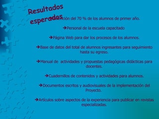 Resultados esperados   Retención del 70 % de los alumnos de primer año. Personal de la escuela capacitado  Página Web para dar los procesos de los alumnos. Base de datos del total de alumnos ingresantes para seguimiento hasta su egreso. Manual de  actividades y propuestas pedagógicas didácticas para docentes. Cuadernillos de contenidos y actividades para alumnos. Documentos escritos y audiovisuales de la implementación del Proyecto.  Artículos sobre aspectos de la experiencia para publicar en revistas especializadas. 