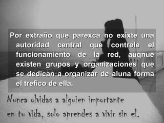 Por extraño que parexca no exixte una autoridad central que controle el funcionamiento de la red, auqnue existen grupos y organizaciones que se dedican a organizar de aluna forma el trefico de ella. 
