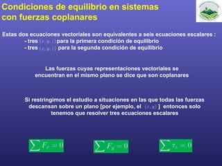 Condiciones de equilibrio en sistemas
con fuerzas coplanares
Estas dos ecuaciones vectoriales son equivalentes a seis ecuaciones escalares :
- tres para la primera condición de equilibrio
- tres para la segunda condición de equilibrio
Si restringimos el estudio a situaciones en las que todas las fuerzas
descansan sobre un plano [por ejemplo, el ] entonces solo
tenemos que resolver tres ecuaciones escalares
Las fuerzas cuyas representaciones vectoriales se
encuentran en el mismo plano se dice que son coplanares
 
