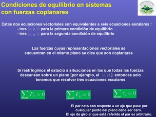 Condiciones de equilibrio en sistemas
con fuerzas coplanares
Estas dos ecuaciones vectoriales son equivalentes a seis ecuaciones escalares :
- tres para la primera condición de equilibrio
- tres para la segunda condición de equilibrio
Si restringimos el estudio a situaciones en las que todas las fuerzas
descansan sobre un plano [por ejemplo, el ] entonces solo
tenemos que resolver tres ecuaciones escalares
Las fuerzas cuyas representaciones vectoriales se
encuentran en el mismo plano se dice que son coplanares
El par neto con respecto a un eje que pase por
cualquier punto del plano debe ser cero.
El eje de giro al que está referido el par es arbitrario.
 