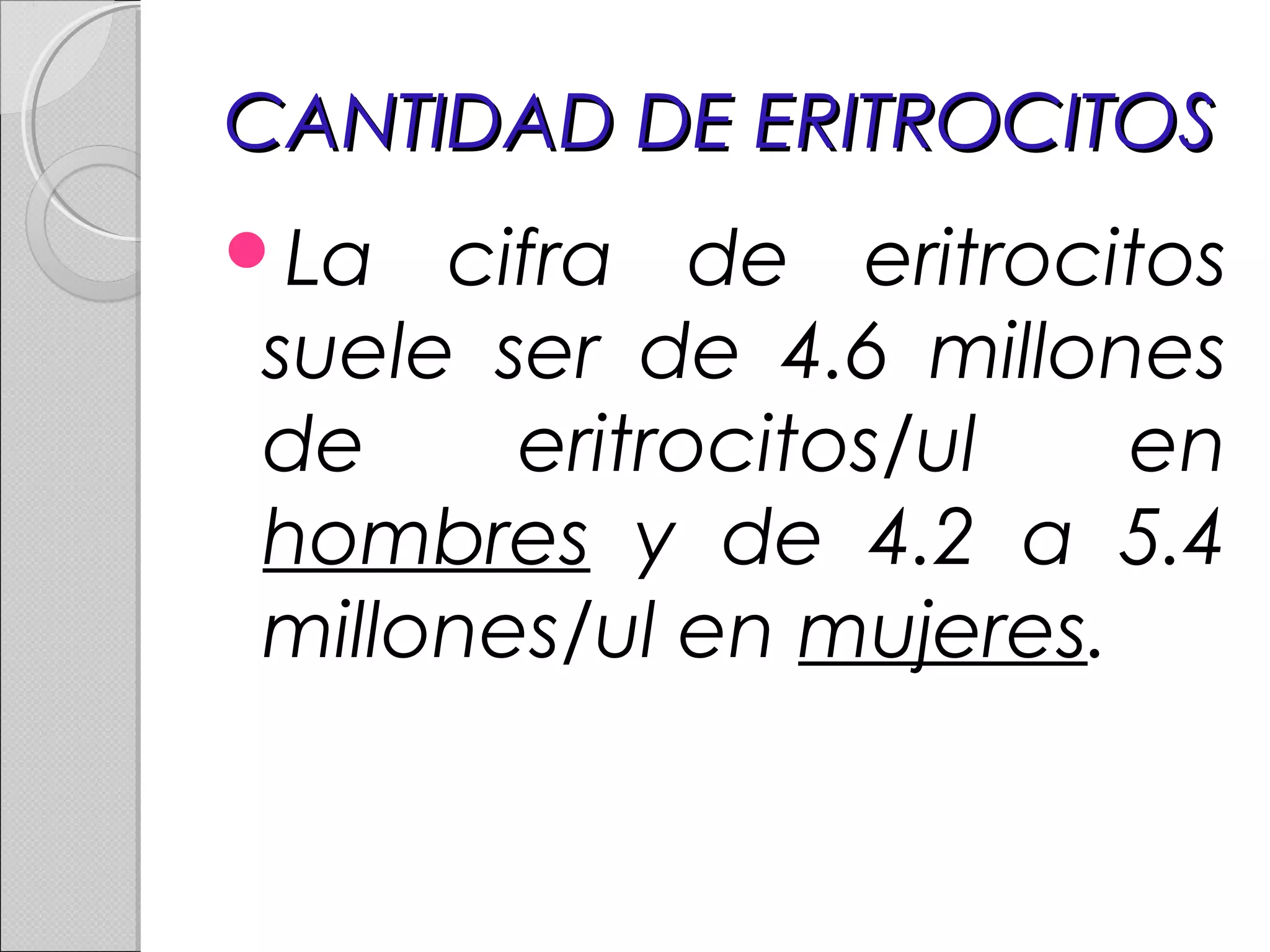 CANTIDAD DE ERITROCITOSCANTIDAD DE ERITROCITOS
La cifra de eritrocitos
suele ser de 4.6 millones
de eritrocitos/ul en
hombres y de 4.2 a 5.4
millones/ul en mujeres.