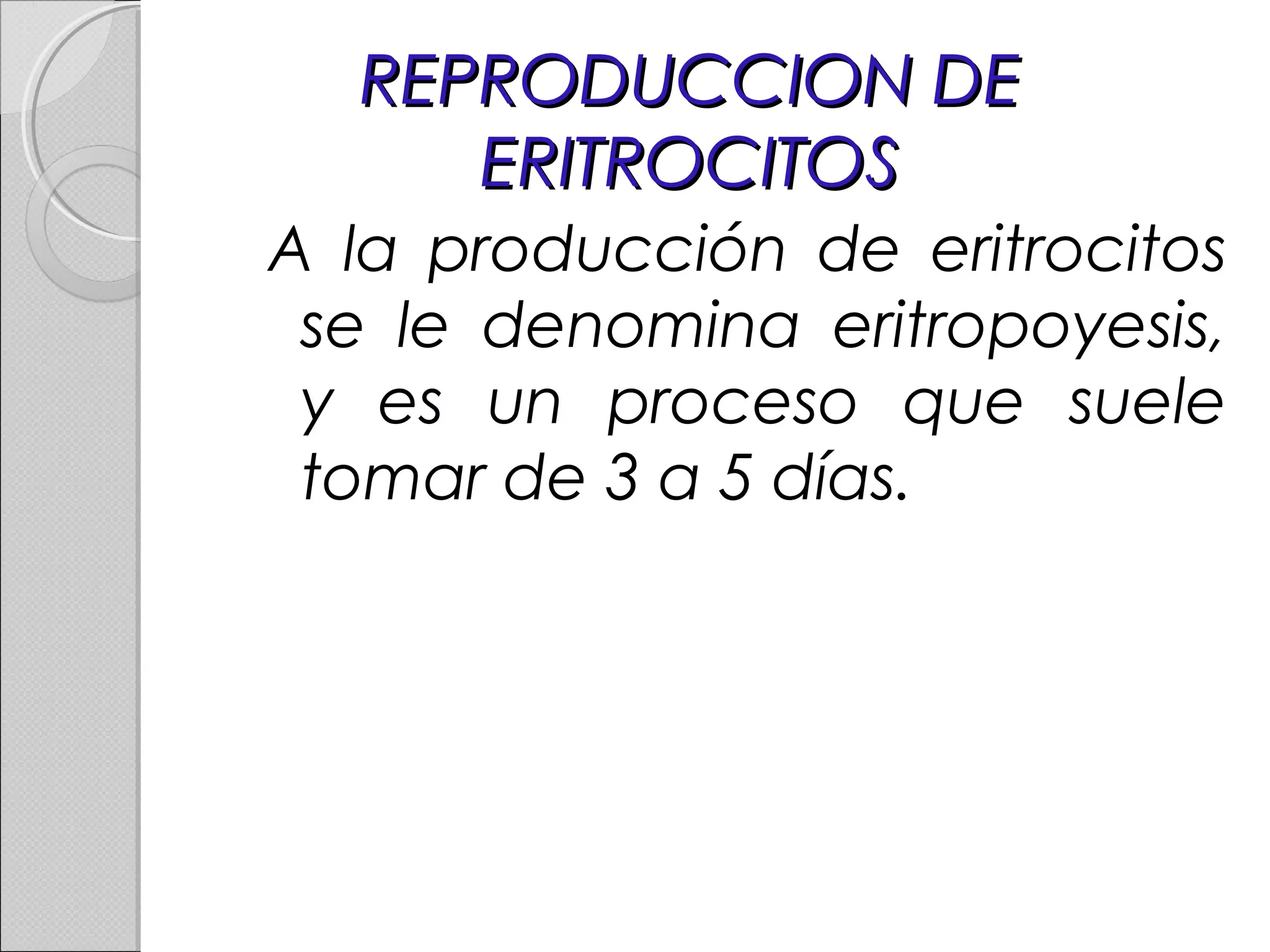 REPRODUCCION DEREPRODUCCION DE
ERITROCITOSERITROCITOS
A la producción de eritrocitos
se le denomina eritropoyesis,
y es un proceso que suele
tomar de 3 a 5 días.