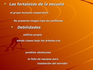 Las fortalezas de la escuela el grupo humano cooperativo No presenta ningún tipo de conflictos, Debilidades edificio propio dando clases bajo los árboles.Los posibles obstáculos instalación del servidor la falta de equipos para