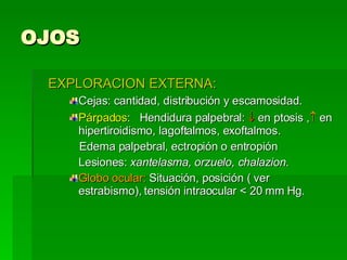 OJOS EXPLORACION EXTERNA: Cejas: cantidad, distribución y escamosidad. Párpados :  Hendidura palpebral:     en ptosis ,    en hipertiroidismo, lagoftalmos, exoftalmos. Edema palpebral, ectropión o entropión Lesiones:  xantelasma, orzuelo, chalazion.   Globo ocular:  Situación, posición ( ver estrabismo), tensión intraocular < 20 mm Hg.  