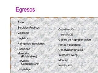 Egresos Hospedaje S ervicios Coordinación[1] Memorias (Publicables)‏ Publicidad Refrigerios atenciones Logística Vigilancia Servicios Públicos Aseo Imprevistos Montaje I nternet y Web[3] Observador turístico Portes y papelería Gastos de Representación G erencia[2] Coordinación 