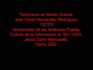 Terrorismo en Medio Oriente. Julio César Hernández Rodríguez. 132370 Universidad de las Américas Puebla. Cultura de la Información Id. BC110/01. Jesús Darío Hermosillo. Otoño 2007. 