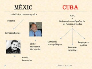 MÈXIC CUBA La   indústria cinematogràfica depenia Gènere: churros Jaime Humberto Hermosillo Emilio Fernández ICAIC + División cinematógrafica de las Fuerzas Armadas = Comèdies  pornogràfiques Aventures escapistes Propaganda política 