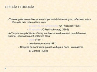 GRECÍA I TURQUÍA - Theo Angelopoulos director més important del cinema grec, reflexiona sobre  l'historia i els mites a films com: -  El viaje de los comediantes   (O Thiassos)  (1975)  -  El apicultor   (O Melissokomos)  (1986)  - A Turquía sorgeix Yilmaz Güney un director molt relevant que defenía el cinema  nacional creant polémics films: -  Dolor  (1971)‏ - Los desesperados (1971)‏ -  Desprès de sortir de la pressò va fugir a Paris i va realitzar - El Camino (1981)‏ 