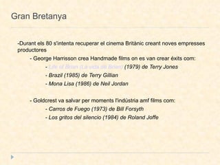 Gran Bretanya -Durant els 80 s'intenta recuperar el cinema Britànic creant noves empresses productores - George Harrisson crea Handmade films on es van crear éxits com: -  Life of Brian (La vida de Brian)  (1979) de Terry Jones - Brazil (1985) de Terry Gillian - Mona Lisa (1986) de Neil Jordan - Goldcrest va salvar per moments l'indústria amf films com: - Carros de Fuego (1973) de Bill Forsyth - Los gritos del silencio (1984) de Roland Joffe 