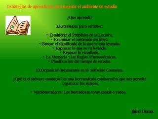 Jhirsi Duran. ¿Que aprendí? Estrategias para estudiar: Establecer el Propósito de la Lectura. Examinar el contenido del libro. Buscar el significado de lo que se esta leyendo. Expresar lo que se va leyendo. Repasar lo estudiado. La Memoria y las Reglas Mnemotécnicas. Planificación del tiempo de estudio. Organizar documentos en el  software Connotea. ¿Qué es el sofware connotea? es una herramienta colaborativa que nos permite organizar los enlaces,  Metabuscadores: Los buscadores como google o yahoo.  Estrategias de aprendizaje para mejorar el ambiente de estudio 