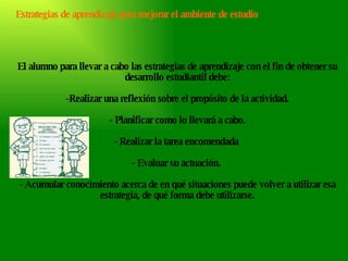 El alumno para llevar a cabo las estrategias de aprendizaje con el fin de obtener su desarrollo estudiantil debe: Realizar una reflexión sobre el propósito de la actividad. Planificar como lo llevará a cabo. Realizar la tarea encomendada  Evaluar su actuación.  - Acumular conocimiento acerca de en qué situaciones puede volver a utilizar esa estrategia, de qué forma debe utilizarse. Estrategias de aprendizaje para mejorar el ambiente de estudio 