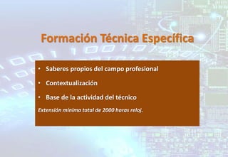 Formación Técnica Específica
• Saberes propios del campo profesional
• Contextualización
• Base de la actividad del técnico
Extensión mínima total de 2000 horas reloj.
 