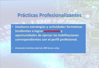 Prácticas Profesionalizantes
• Involucra estrategias y actividades formativas
tendientes a lograr autonomía y
oportunidades de ejercer las habilitaciones
correspondientes con el perfil profesional.
• Extensión mínima total de 200 horas reloj.
 