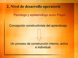 2. Nivel de desarrollo operatorio Psicólo go y epistemólogo suizo Piaget  Concepción constructivista del aprendizaje Un proceso de construcción interno, activo  e individual. 