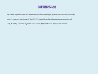 http://www.ingenieria.unam.mx/~deptohidraulica/publicaciones/pdf_publicaciones/Hidraulica%20II.pdf
https://www.uv.mx/ingenieriacivil/files/2013/09/manual-de-ee-hidraulica-de-tuberias-y-canales.pdf
Mott, R. (2006). Mecánica de fluidos. Sexta Edición. Editorial Pearson Prentice Hall: México.
 