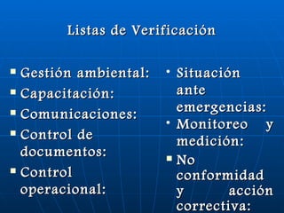 Listas de Verificación Gestión ambiental:  Capacitación:   Comunicaciones:   Control de documentos:   Control operacional:  Situación ante emergencias:  Monitoreo y medición: No conformidad y acción correctiva:  Auditorias:   