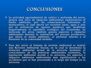 CONCLUSIONES   La actividad agroindustrial de cultivo y molienda del arroz, genera una serie de impactos ambientales significativos al medio ambiente, por las consecuencias referentes al monocultivo, el cual afecta los recursos suelo, agua y aire por la utilización de agentes químicos que modifican negativamente el equilibrio ecológico del ecosistema. La molienda del arroz también genera aspectos e impactos ambientales durante la realización del proceso productivo, que altera el medio ambiente, el personal interno y el bienestar de la comunidad aledaña. Para dar inicio al Sistema de Gestión Ambiental se realizó una Revisión Ambiental Inicial, en la cual se determinó la situación ambiental actual de la arrocera mediante el conocimiento de las prácticas ambientales existentes, la legislación ambiental acorde a la arrocera, los aspectos e impactos ambientes ambientales más significativos y los accidentes que se han presentado a lo largo del tiempo en la arrocera. 