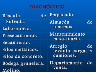 DIAGNÓSTICO   Báscula de Entrada. Laboratorio. Presecamiento. Secamiento. Silos metálicos. Silos de concreto. Bodega granelera. Molino. Empacado. Almacén de insumos. Mantenimiento maquinaria. Arreglo de levanta cargas y camiones. Departamento de venta. Área administrativa. 
